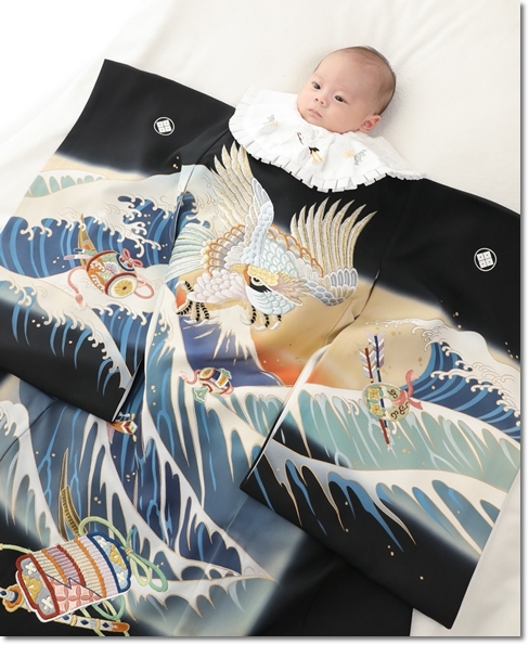 宮参り男の子産着 鷹に富士山 波頭 刺繍入り 豪華で重厚