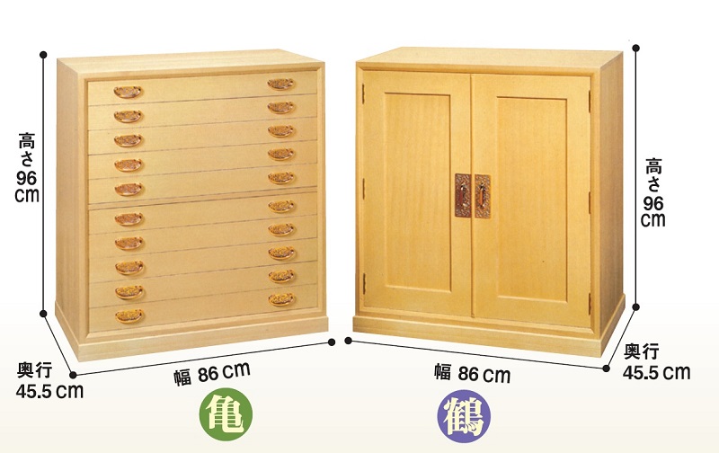 名古屋市 国産総桐帯用箪笥 幅86㎝×高さ96㎝×奥行45.5㎝ 商品番号12-1鶴 12-2亀
