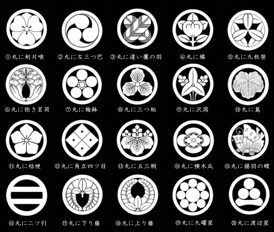 代表的な20種類の家紋一覧(丸に剣片喰、丸に違い鷹の羽、五三桐、下り藤、横木瓜など)