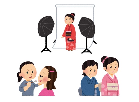 成人式の前撮り着付けヘアセットイラスト
