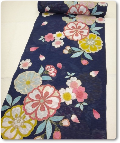 女性用浴衣反物 絽 綿100% 京都 岡重 紺色に桜の花柄