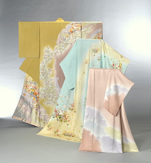 訪問着 からし色・水色・ピンク画像