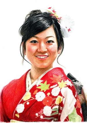 振袖美人と色鉛筆肖像画