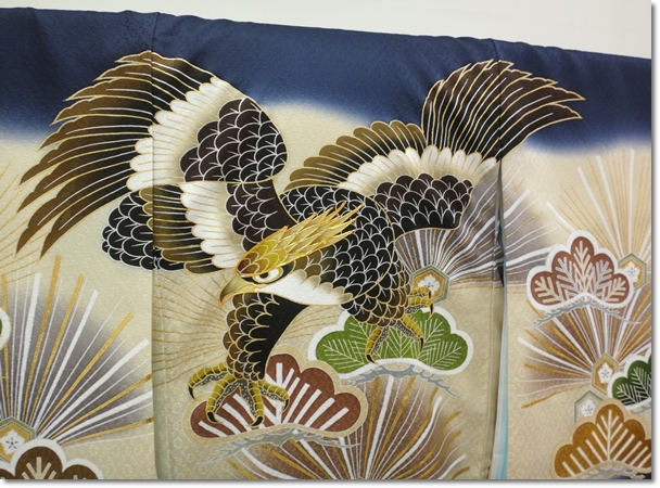 宮参り男の子産着の着物 祝着【鷹と松の柄】ネイビー濃紺色 新品 正絹 刺繍