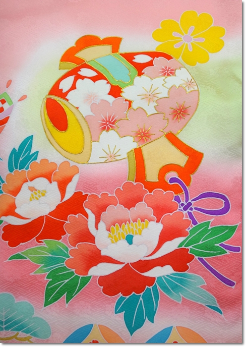 おすすめ人気 女の子お宮参りの着物 桜尽くしの打出の小槌 牡丹 手描き友禅