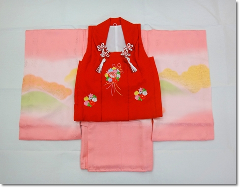 女の子お宮参り産着の着物 ピンク遠山ぼかし スッキリ 柄少なめ おすすめ人気購入品