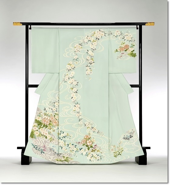 薄グリーン 桜葵牡丹観世流水文様 本手描き友禅 特選訪問着 正絹 298,000円 パーティー 結婚式 名古屋市きものやまなか