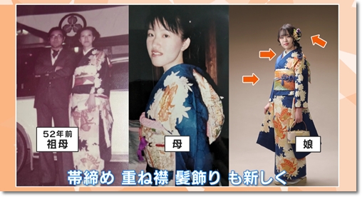3世代（祖母、母、娘）で受け継いだ、きものやまなかによる蝶の柄の祖母振り（振袖）リメイク