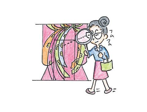 振袖を吟味する母親のイラスト